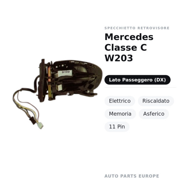 Specchietto Retrovisore Destro Mercedes Classe C W203 – Elettrico, Riscaldato, Memoria, Asferico, 11 Pin – foto 2