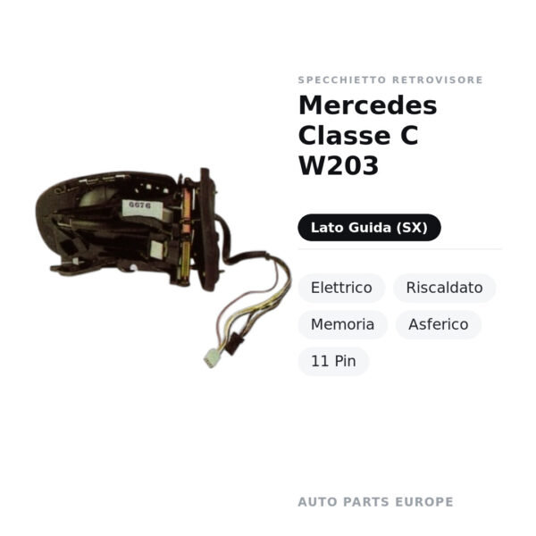 Specchietto Retrovisore Sinistro Mercedes Classe C W203 – Elettrico, Riscaldato, Memoria, Asferico, 11 Pin – foto 2