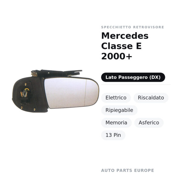 Specchietto Retrovisore Destro Mercedes Classe E 2000+ – Elettrico, Riscaldato, Ripiegabile, Memoria, Asferico, 13 Pin