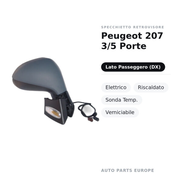 Außenspiegel Rechts Peugeot 207 3/5 Türen – Elektrisch, Beheizt, Temperatursensor, Lackierbar – Bild 2