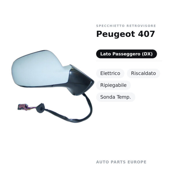 Specchietto Retrovisore Destro Peugeot 407 – Elettrico, Riscaldato, Ripiegabile, Sonda Temp. – foto 2