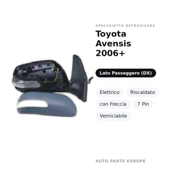 Specchietto Retrovisore Destro Toyota Avensis 2006+ – Elettrico, Riscaldato, con Freccia, 7 Pin, Verniciabile – foto 2