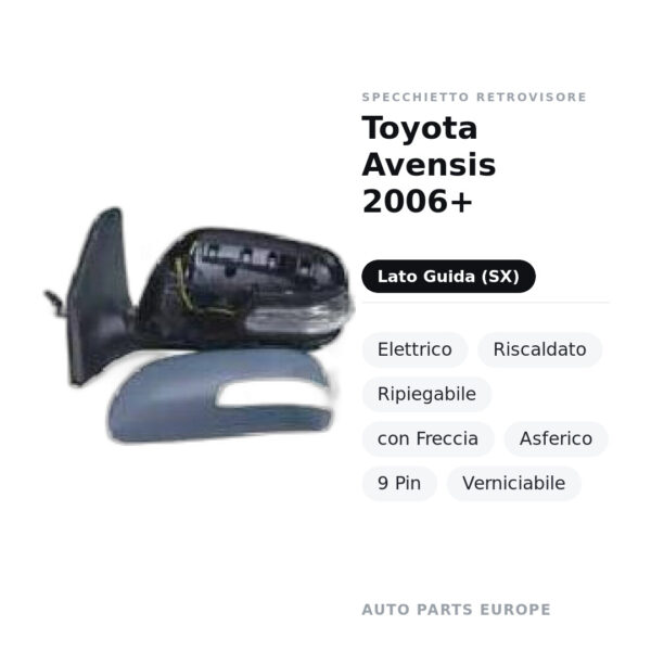 Außenspiegel Links Toyota Avensis 2006+ – Elektrisch, Beheizt, Klappbar, mit Blinker, Asphärisch, 9-polig, Lackierbar – Bild