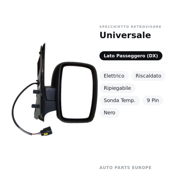 Specchietto Retrovisore Destro Universale – Elettrico, Riscaldato, Ripiegabile, Sonda Temp., 9 Pin, Nero – foto 2