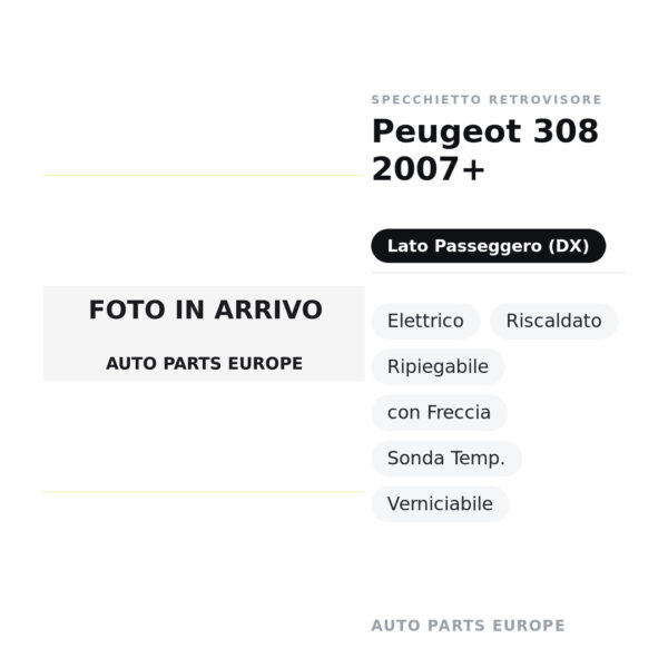 Specchietto Retrovisore Destro Peugeot 308 2007+ – Elettrico, Riscaldato, Ripiegabile, con Freccia, Sonda Temp.