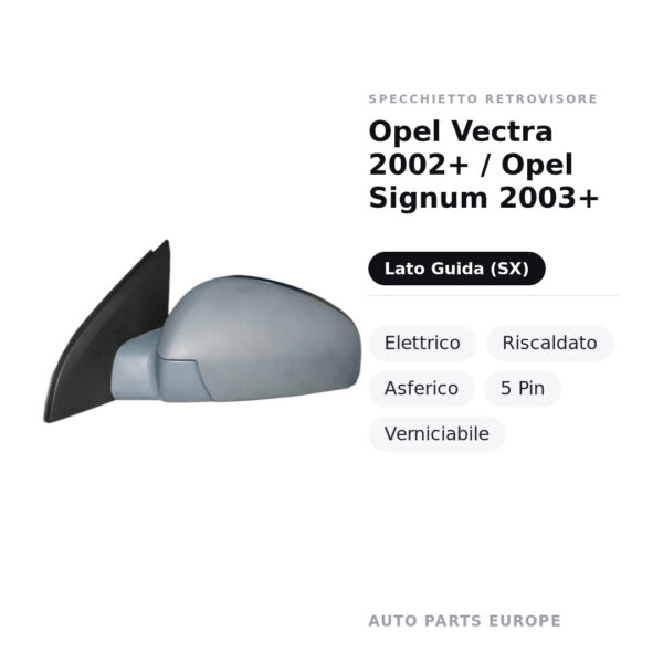 Specchietto Retrovisore Sinistro Opel Vectra 2002+ / Opel Signum 2003+ – Elettrico, Riscaldato, Asferico, 5 Pin