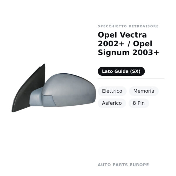 Specchietto Retrovisore Sinistro Opel Vectra 2002+ / Opel Signum 2003+ – Elettrico, Memoria, Asferico, 8 Pin – foto 2