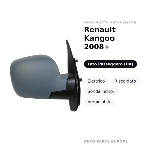 Außenspiegel Rechts Renault Kangoo 2008+ – Elektrisch, Beheizt, Temperatursensor, Lackierbar – Bild 2
