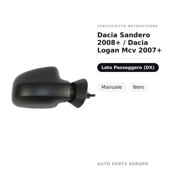 Specchietto Retrovisore Destro Dacia Sandero 2008+ / Dacia Logan Mcv 2007+ – Manuale, Nero – foto 2