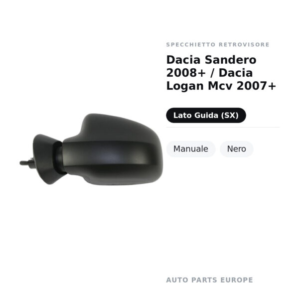 Specchietto Retrovisore Sinistro Dacia Sandero 2008+ / Dacia Logan Mcv 2007+ – Manuale, Nero – foto 2