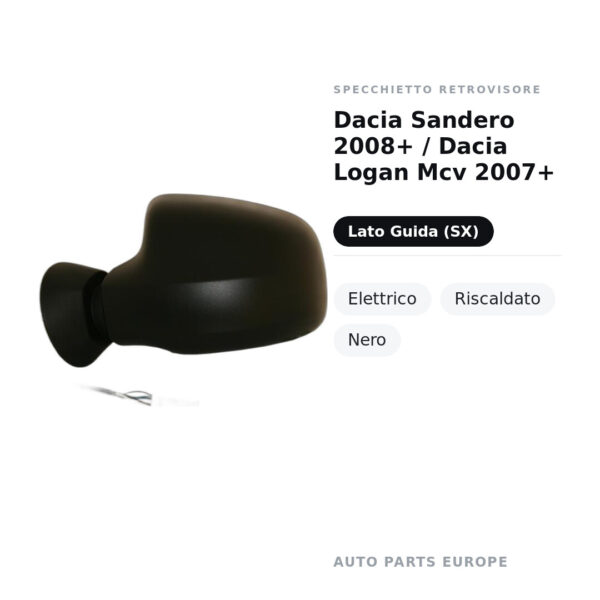 Außenspiegel Links Dacia Sandero 2008+ / Dacia Logan Mcv 2007+ – Elektrisch, Beheizt, Schwarz – Bild 2