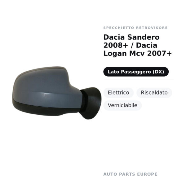Außenspiegel Rechts Dacia Sandero 2008+ / Dacia Logan Mcv 2007+ – Elektrisch, Beheizt, Lackierbar – Bild 2
