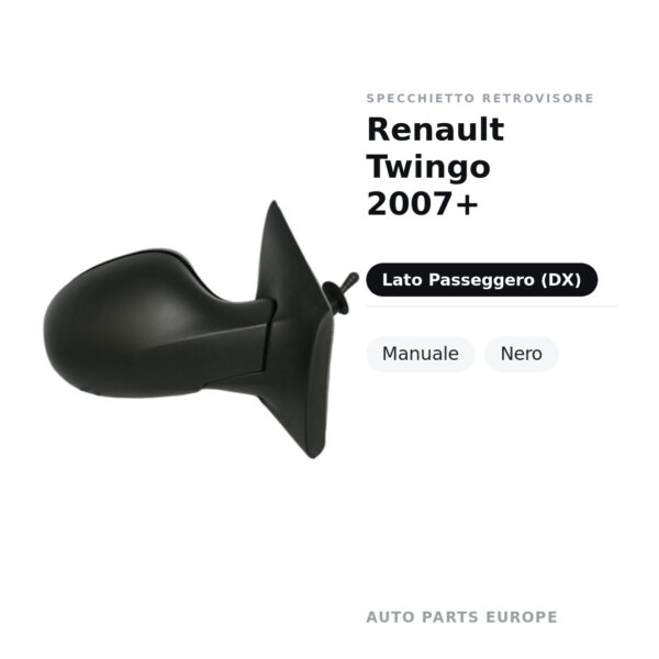 Specchietto Retrovisore Destro Renault Twingo 2007+ – Manuale, Nero – foto 2