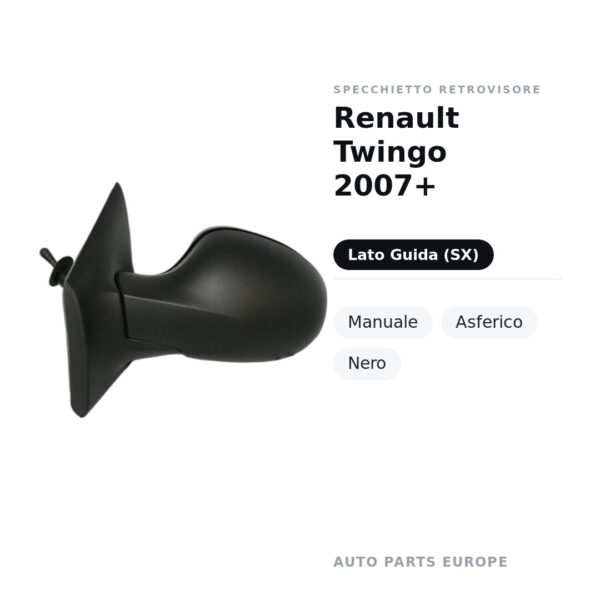 Specchietto Retrovisore Sinistro Renault Twingo 2007+ – Manuale, Asferico, Nero – foto 2