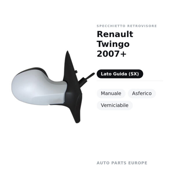 Specchietto Retrovisore Sinistro Renault Twingo 2007+ – Manuale, Asferico, Verniciabile – foto 2