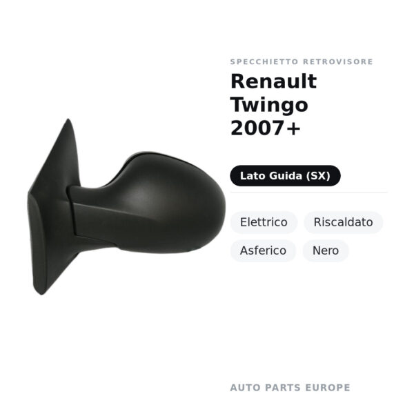Specchietto Retrovisore Sinistro Renault Twingo 2007+ – Elettrico, Riscaldato, Asferico, Nero – foto 2