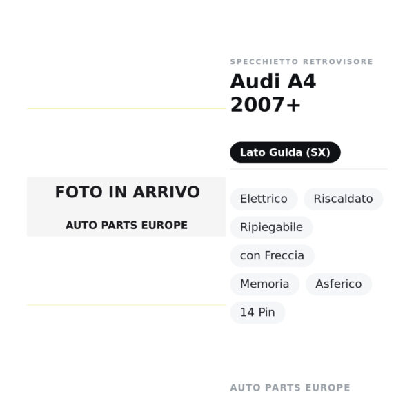 Außenspiegel Links Audi A4 2007+ – Elektrisch, Beheizt, Klappbar, mit Blinkleuchte, Memory, Asphärisch, 14 Polig – Bild 2