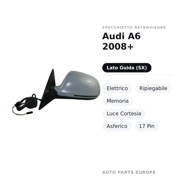 Specchietto Retrovisore Sinistro Audi A6 2008+ – Elettrico, Ripiegabile, Memoria, Luce Cortesia, Asferico, 17 Pin – foto 2