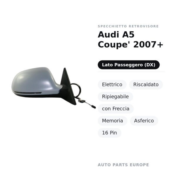 Specchietto Retrovisore Destro Audi A5 Coupe’ 2007+ – Elettrico, Riscaldato, Ripiegabile, con Freccia, Memoria, Asferico, 16