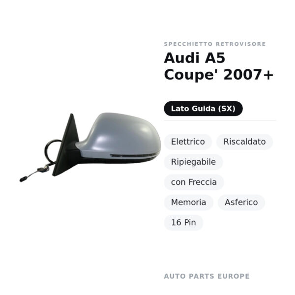 Specchietto Retrovisore Sinistro Audi A5 Coupe’ 2007+ – Elettrico, Riscaldato, Ripiegabile, con Freccia, Memoria, Asferico