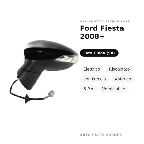 Außenspiegel Links Ford Fiesta 2008+ – Elektrisch, Beheizbar, mit Blinker, Asphärisch, 6-polig, Lackierbar – Bild 2