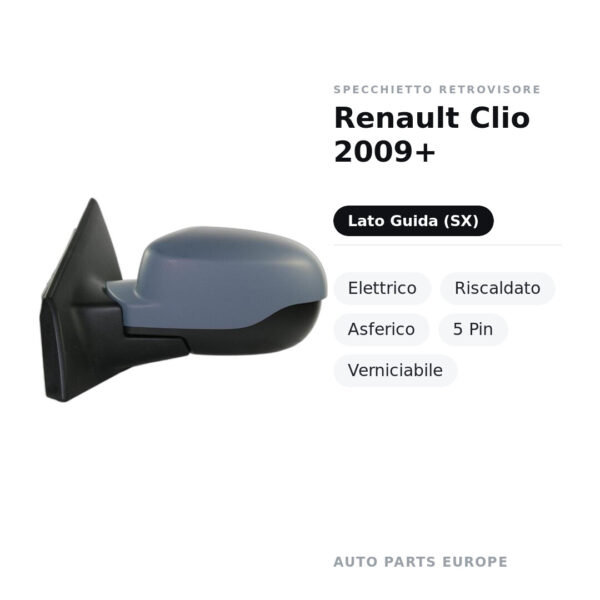 Außenspiegel Links Renault Clio 2009+ – Elektrisch, Beheizt, Asphärisch, 5 Pin, Lackierbar – Bild 2