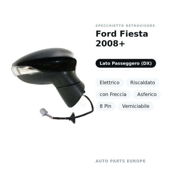 Außenspiegel Rechts Ford Fiesta 2008+ – Elektrisch, Beheizt, mit Blinkleuchte, Asphärisch, 8-polig, Lackierbar – Bild 2