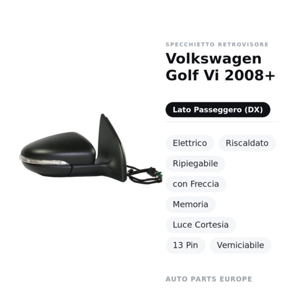 Außenspiegel Rechts Volkswagen Golf VI 2008+ – Elektrisch, Beheizt, Klappbar, mit Blinker, Speicher, Innenleuchte, 13-polig