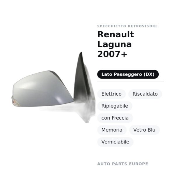 Außenspiegel Rechts Renault Laguna 2007+ – Elektrisch, Beheizt, Klappbar, mit Blinker, Memory, Blaues Glas, Lackierbar