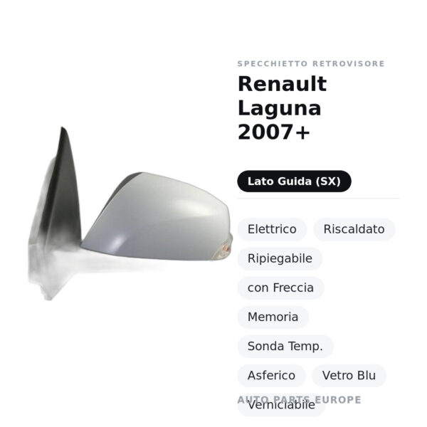 Außenspiegel Links Renault Laguna 2007+ – Elektrisch, Beheizt, Klappbar, mit Blinker, Memory, Temperatursensor, Asphärisch