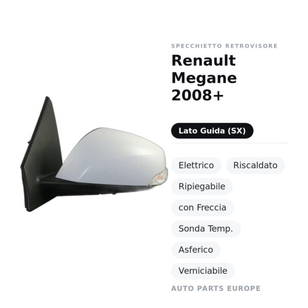 Außenspiegel Links Renault Megane 2008+ – Elektrisch, Beheizt, Klappbar, mit Blinker, Temperatursensor, Asphärisch