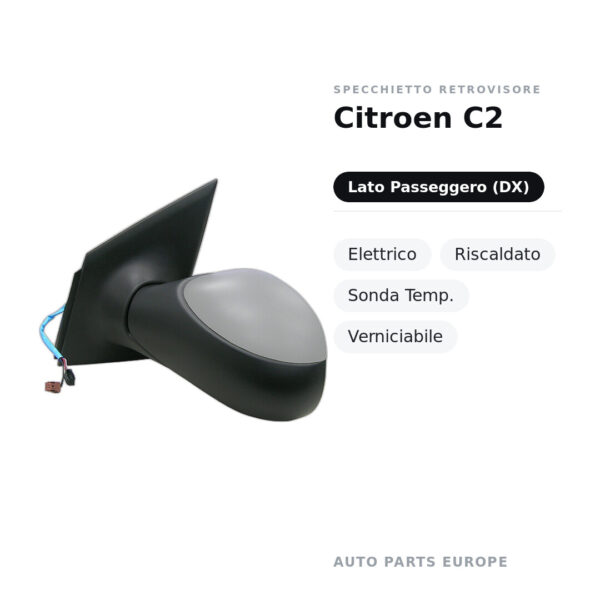 Außenspiegel Rechts Citroën C2 – Elektrisch, Beheizt, Temperatursensor, Lackierbar – Bild 2