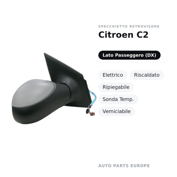 Außenspiegel Rechts Citroen C2 – Elektrisch, Beheizt, Klappbar, Temperatursensor, Lackierbar – Bild 2