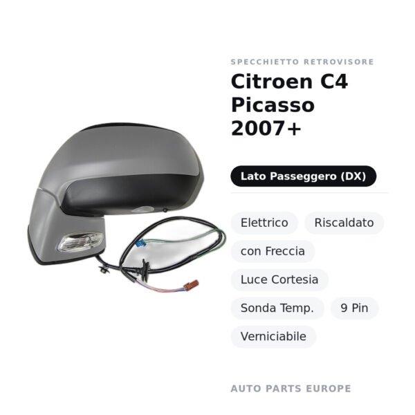 Außenspiegel Rechts Citroen C4 Picasso 2007+ – Elektrisch, Beheizt, mit Blinker, Innenleuchte, Temperatursensor, 9-polig