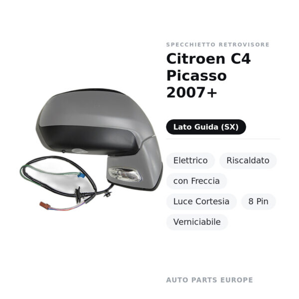 Specchietto Retrovisore Sinistro Citroen C4 Picasso 2007+ – Elettrico, Riscaldato, con Freccia, Luce Cortesia, 8 Pin