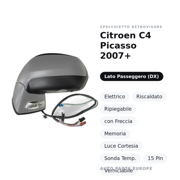 Außenspiegel Rechts Citroen C4 Picasso 2007+ – Elektrisch, Beheizt, Klappbar, mit Blinkleuchte, Speicher, Innenleuchte