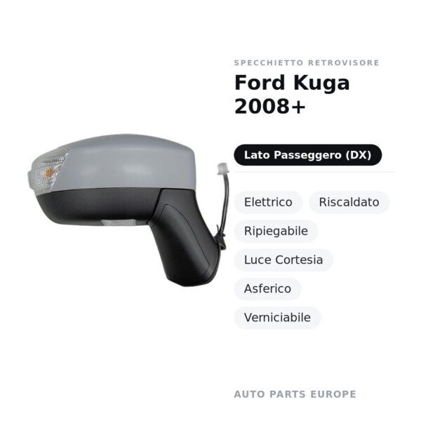 Außenspiegel Rechts Ford Kuga 2008+ – Elektrisch, Beheizt, Klappbar, Umfeldleuchte, Asphärisch, Lackierbar – Bild 2