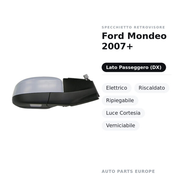Specchietto Retrovisore Destro Ford Mondeo 2007+ – Elettrico, Riscaldato, Ripiegabile, Luce Cortesia, Verniciabile – foto 2