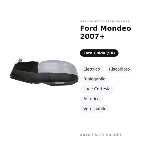 Außenspiegel Links Ford Mondeo 2007+ – Elektrisch, Beheizt, Klappbar, Umfeldleuchte, Asphärisch, Lackierbar – Bild 2