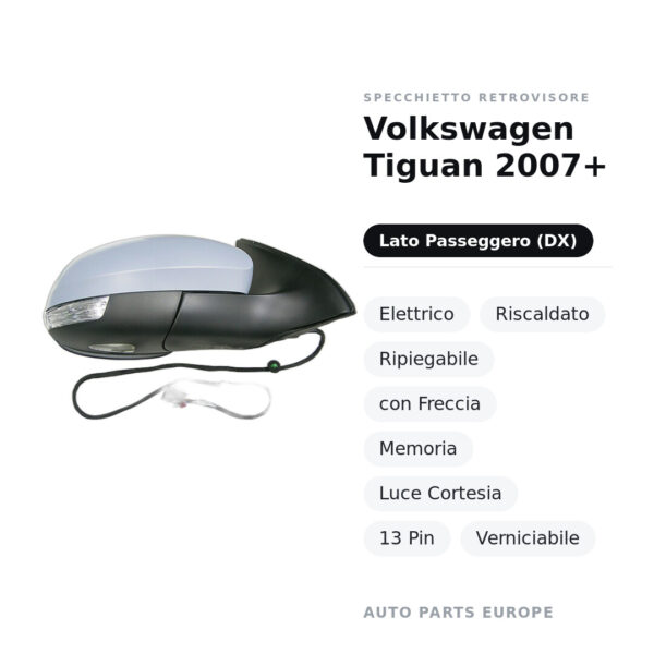 Specchietto Retrovisore Destro Volkswagen Tiguan 2007+ – Elettrico, Riscaldato, Ripiegabile, con Freccia, Memoria, Luce