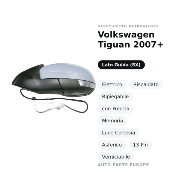 Außenspiegel Links Volkswagen Tiguan 2007+ – Elektrisch, Beheizt, Klappbar, mit Blinker, Memory, Innenleuchte, Asphärisch