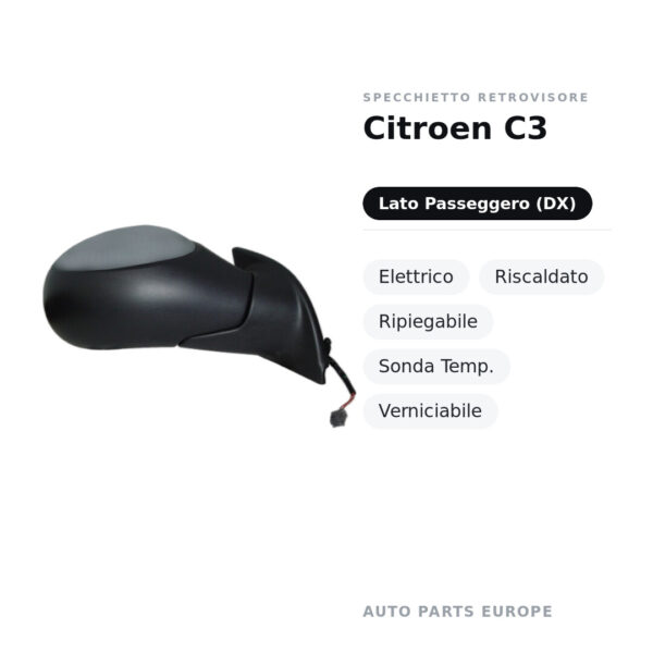 Specchietto Retrovisore Destro Citroen C3 – Elettrico, Riscaldato, Ripiegabile, Sonda Temp., Verniciabile – foto 2