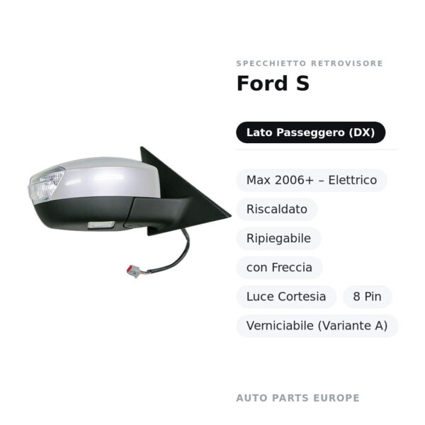 Specchietto Retrovisore Destro Ford S-Max 2006+ – Elettrico, Riscaldato, Ripiegabile, con Freccia, Luce Cortesia, 8 Pin