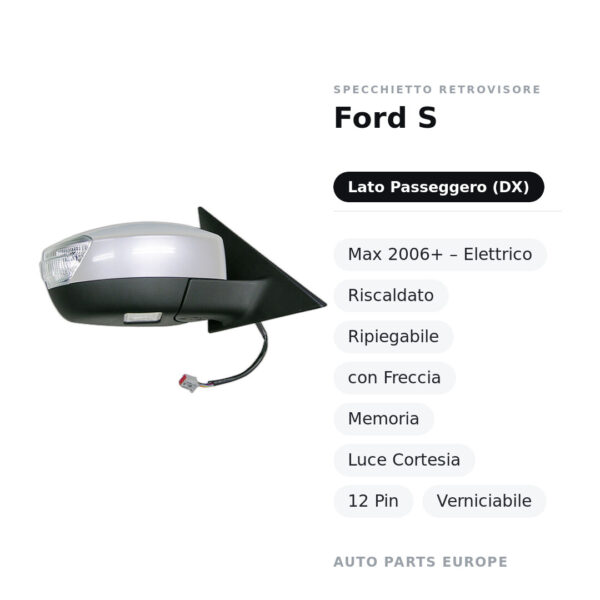 Außenspiegel Rechts Ford S-Max 2006+ – Elektrisch, Beheizt, Klappbar, mit Blinker, Speicher, Innenleuchte, 12-polig
