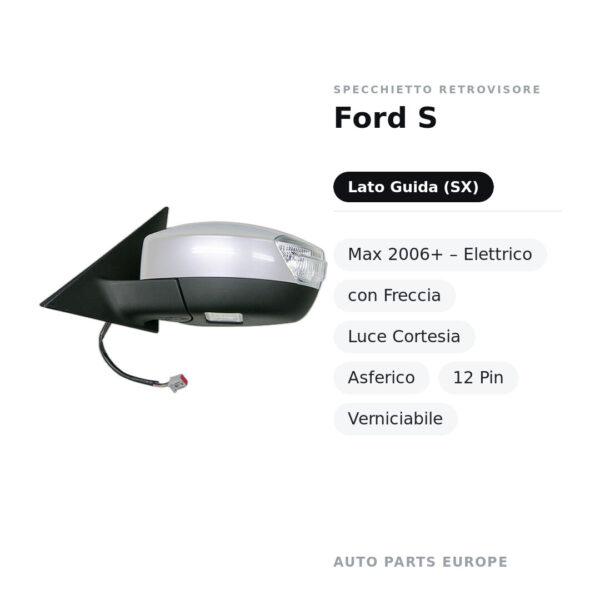 Specchietto Retrovisore Sinistro Ford S-Max 2006+ – Elettrico, con Freccia, Luce Cortesia, Asferico, 12 Pin, Verniciabile