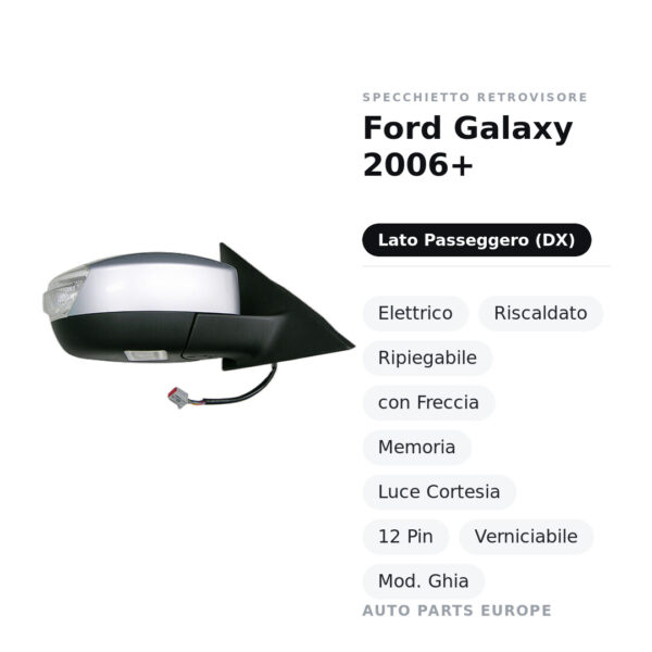 Außenspiegel Rechts Ford Galaxy 2006+ – Elektrisch, Beheizt, Klappbar, mit Blinker, Memory, Innenleuchte, 12-polig