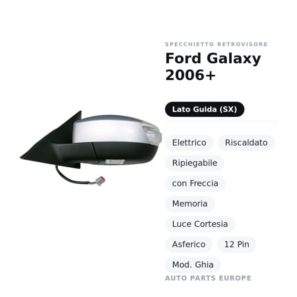 Außenspiegel Links Ford Galaxy 2006+ – Elektrisch, Beheizt, Klappbar, mit Blinkleuchte, Memory, Innenleuchte, Asphärisch