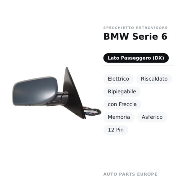 Außenspiegel Rechts BMW Serie 6 – Elektrisch, Beheizt, Klappbar, mit Blinker, Memory, Asphärisch, 12-Pin – Bild 2