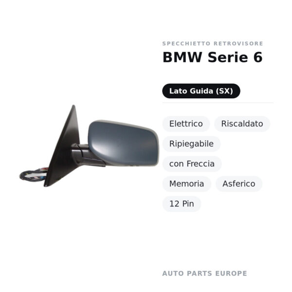 Specchietto Retrovisore Sinistro BMW Serie 6 – Elettrico, Riscaldato, Ripiegabile, con Freccia, Memoria, Asferico, 12 Pin