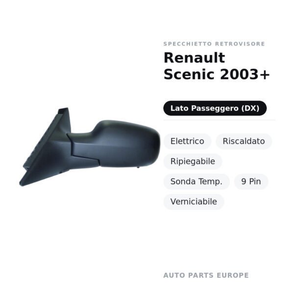 Specchietto Retrovisore Destro Renault Scenic 2003+ – Elettrico, Riscaldato, Ripiegabile, Sonda Temp., 9 Pin, Verniciabile